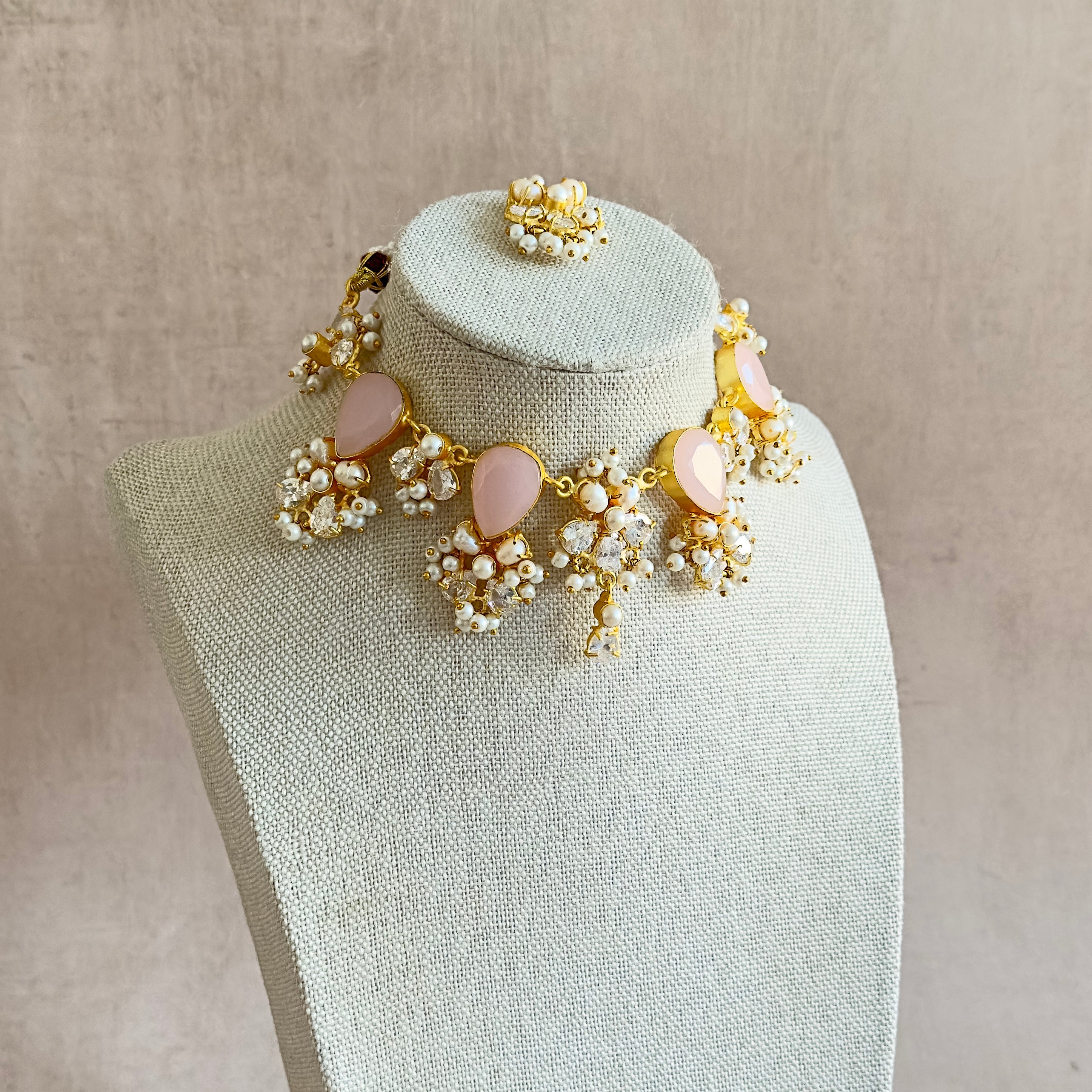 Ivory Pink Crystal Choker Set - Ahseya & Co