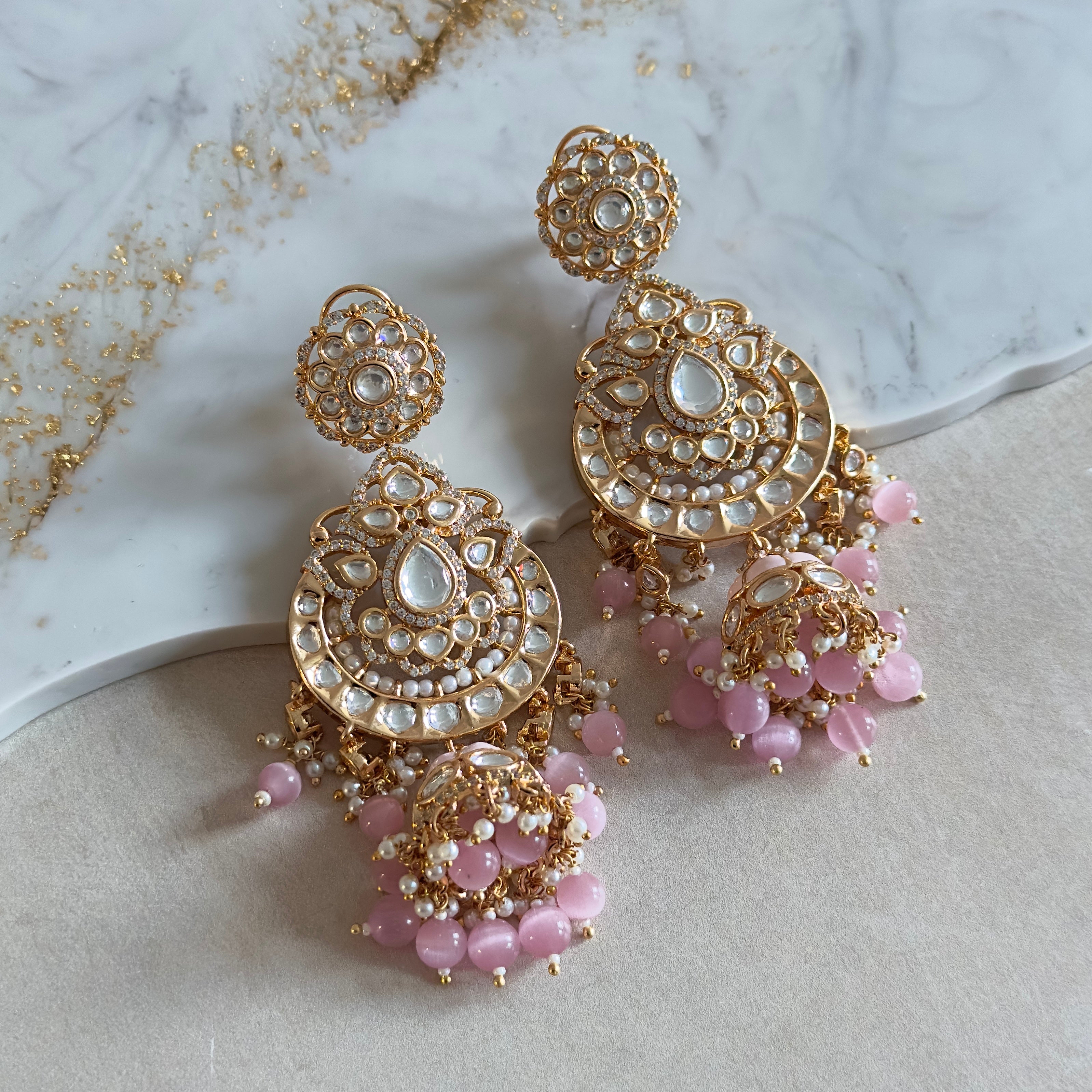 Aman Pink Kundan Drop Earrings - Ahseya & Co