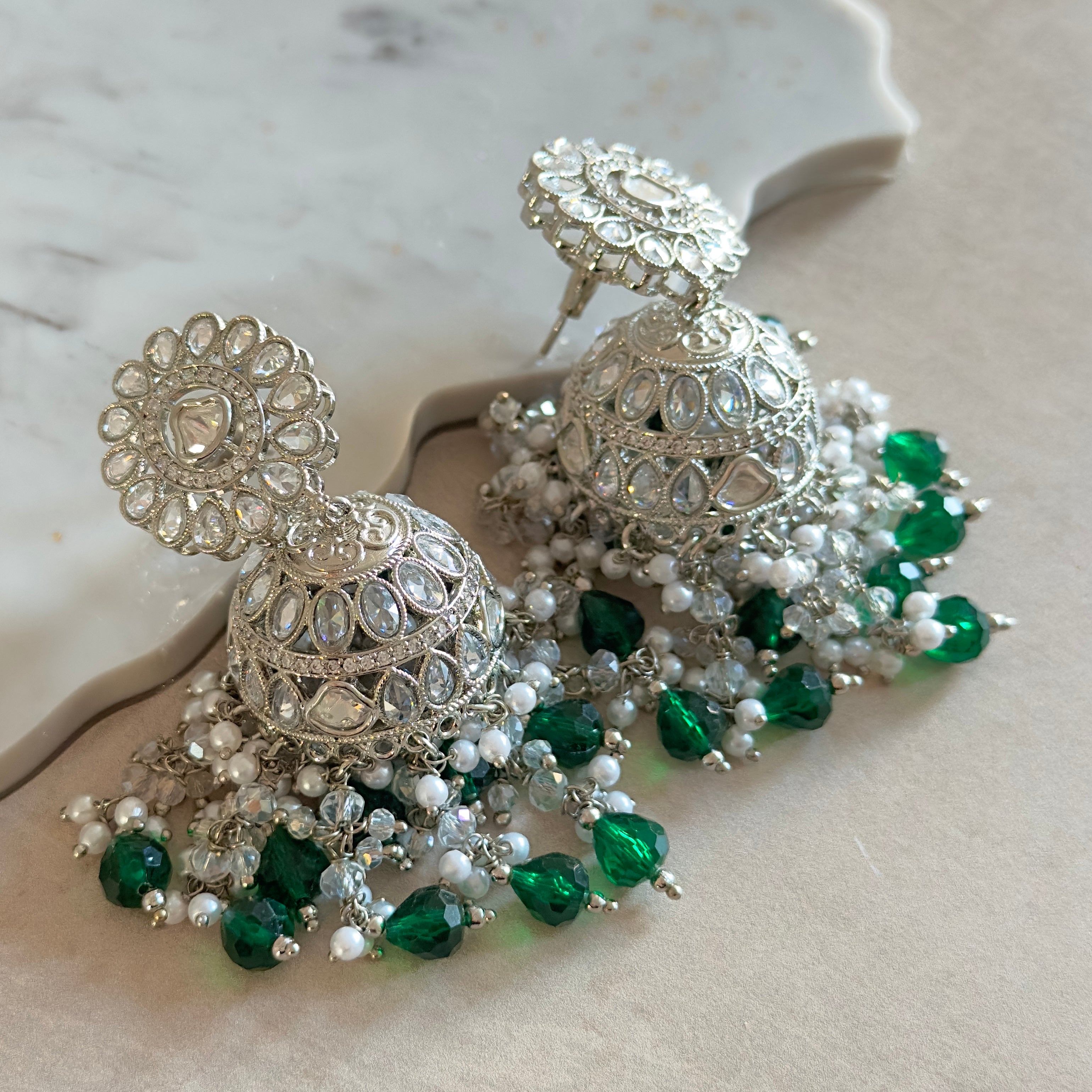 Falak Green Silver Jhumka Earrings - Ahseya & Co