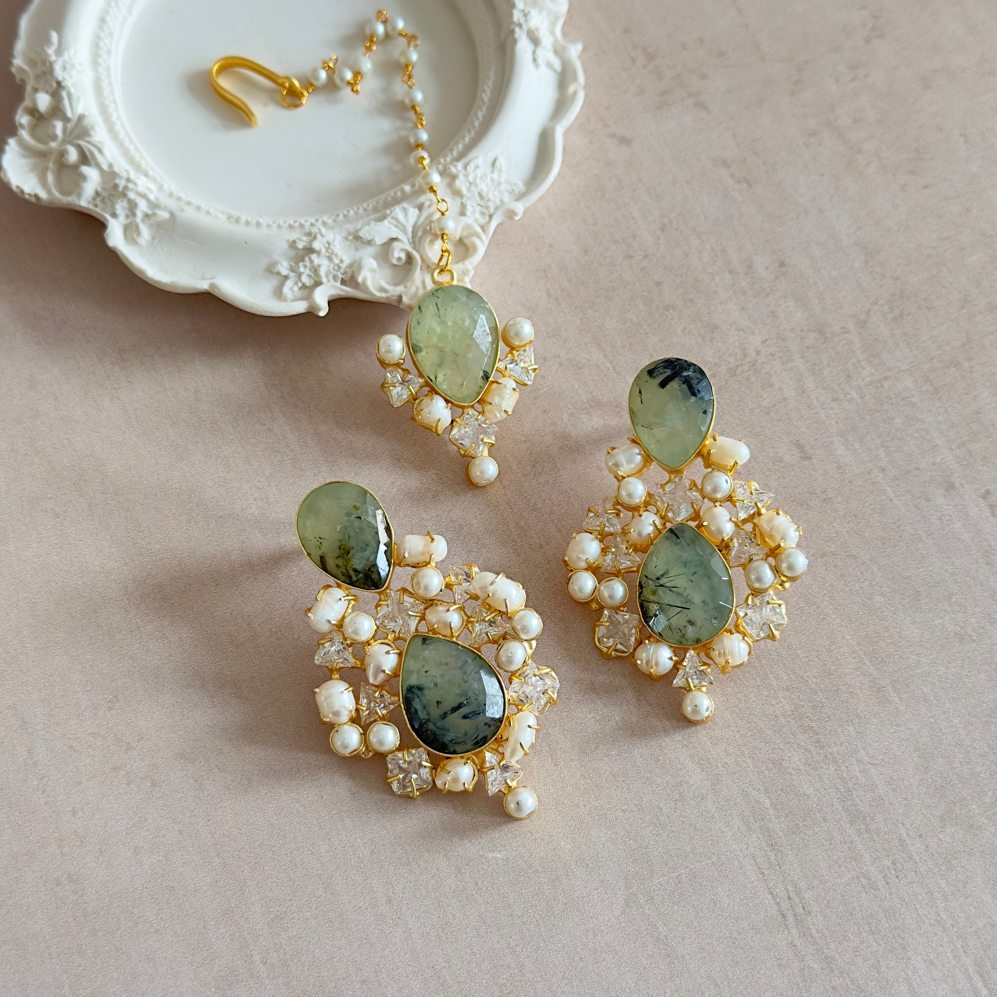 Aven Olive Pearl Tikka Set - Ahseya & Co