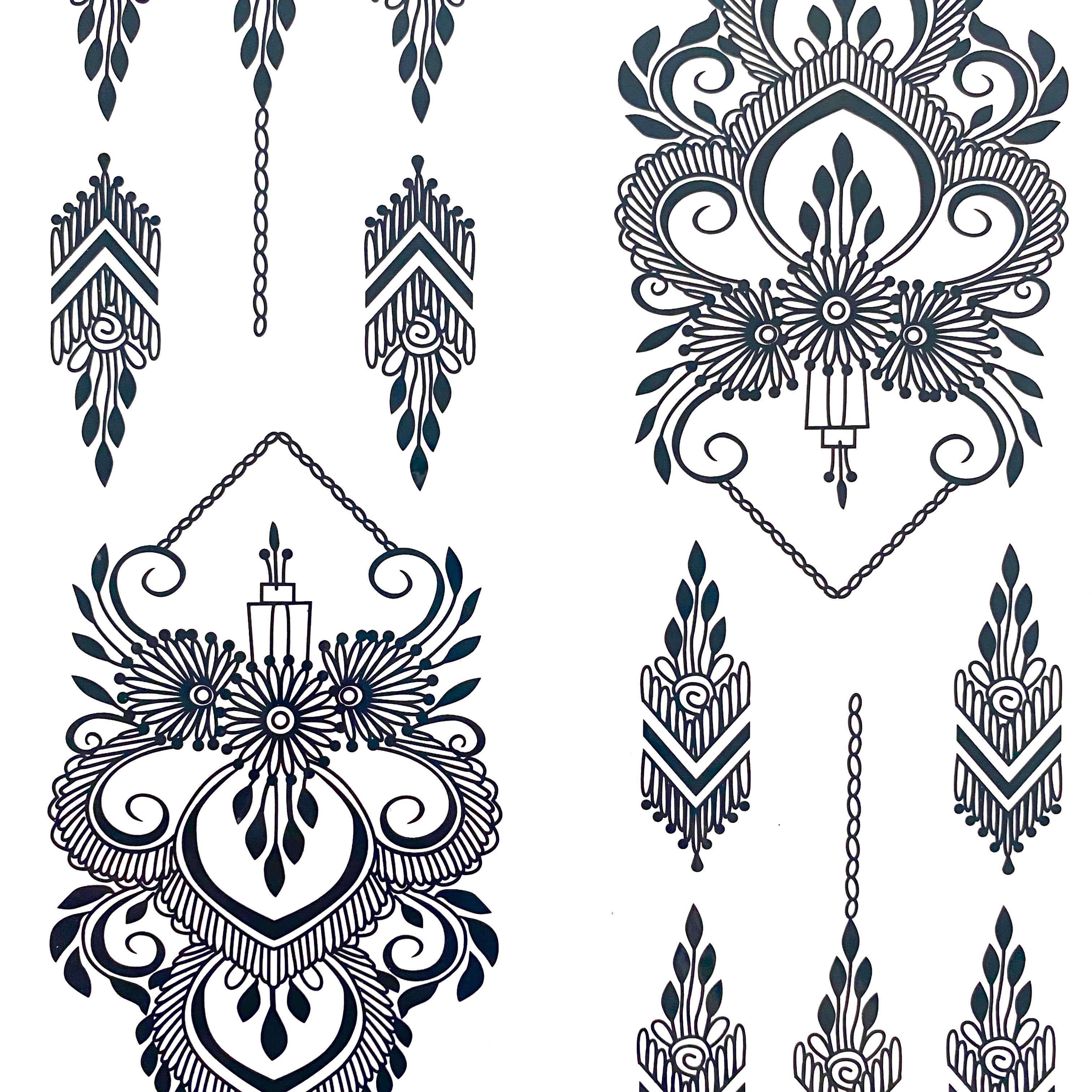 Lilly Henna Tattoo is a traditional black henna transfer that allows you to customize your skin with intricate and beautiful designs. With quick and easy application, you can achieve the perfect look. Perfect for weddings, parties, festivals & more.  Details: Black Design is for both hands.