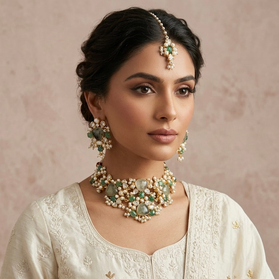 Qamara Green Crystal Choker Set - Ahseya & Co