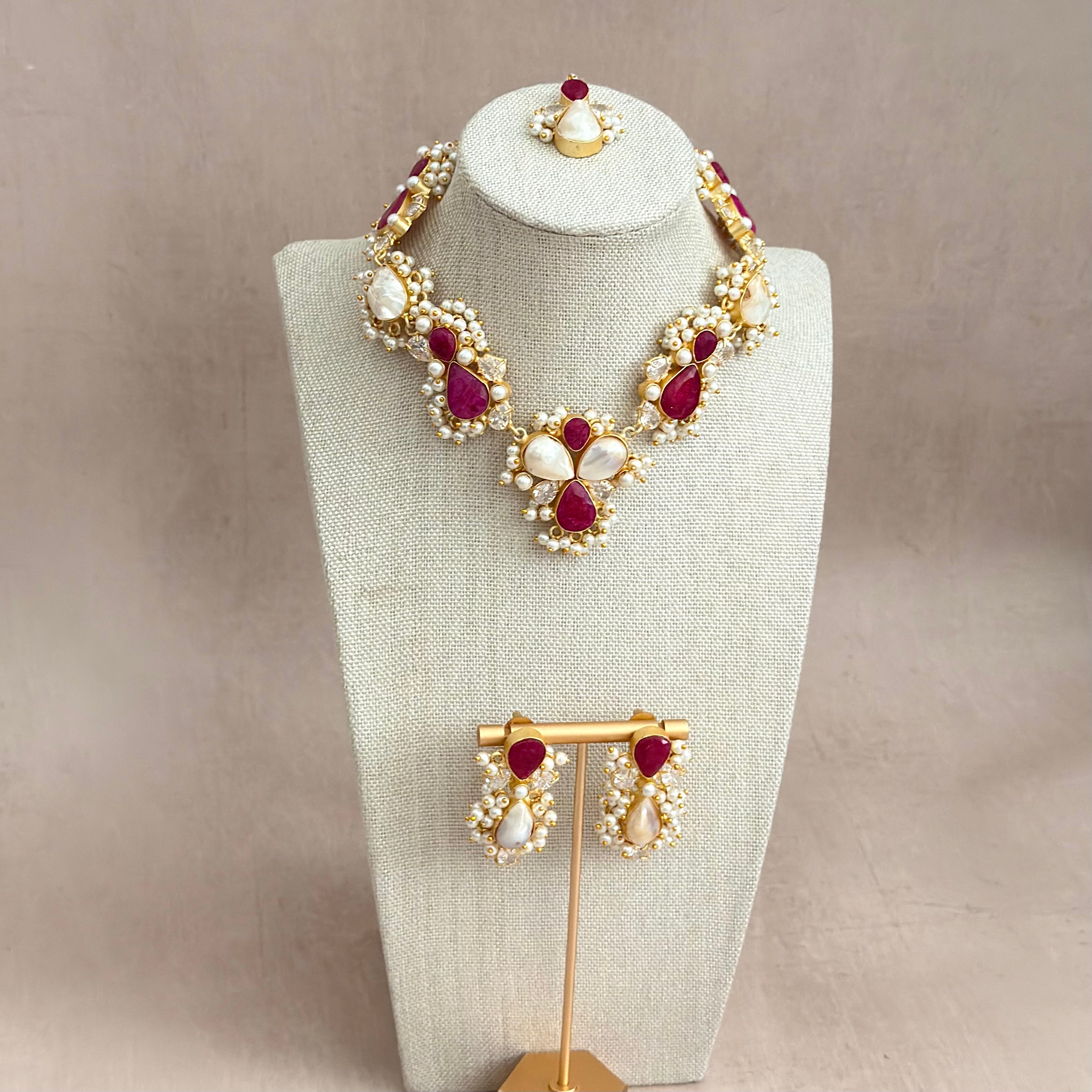 Berta Fuchsia pearl Necklace Set - Ahseya & Co