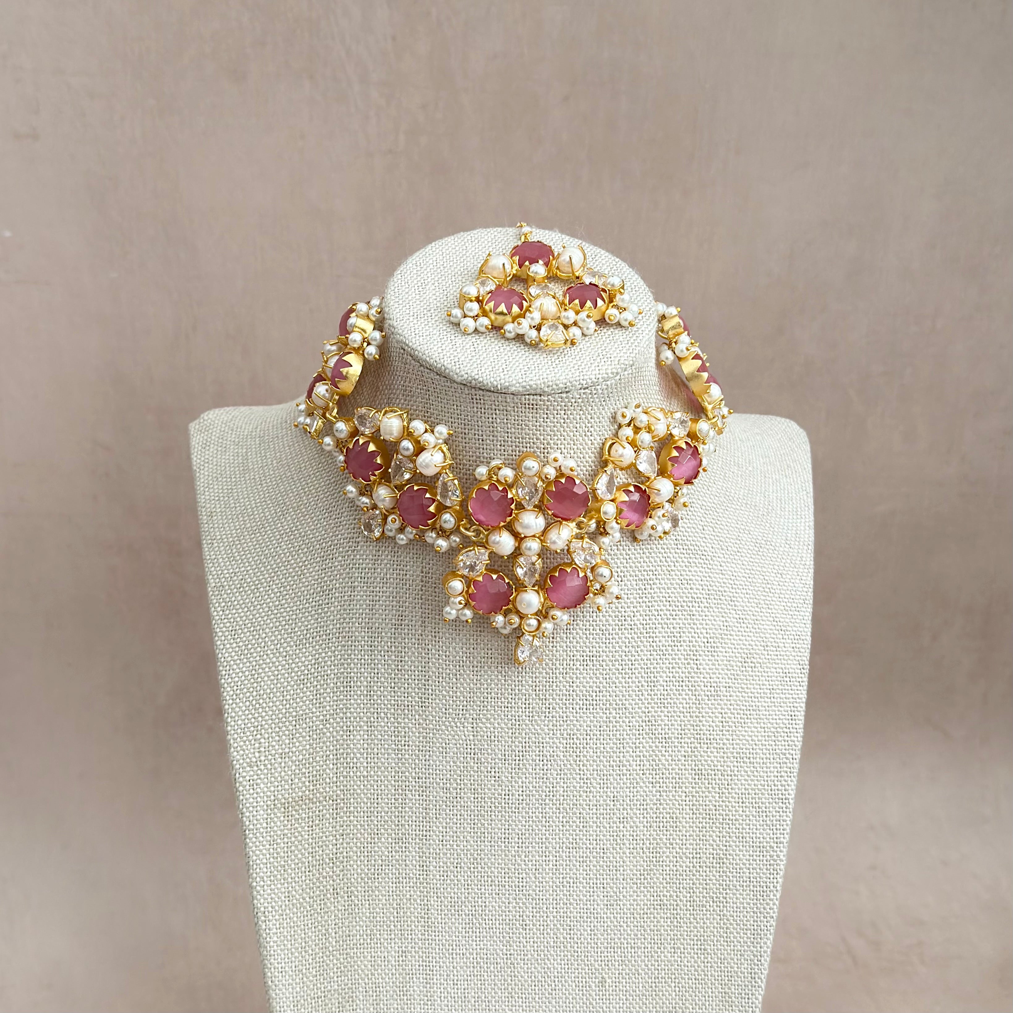 Aaliyah Pink Crystal Choker Set - Ahseya & Co
