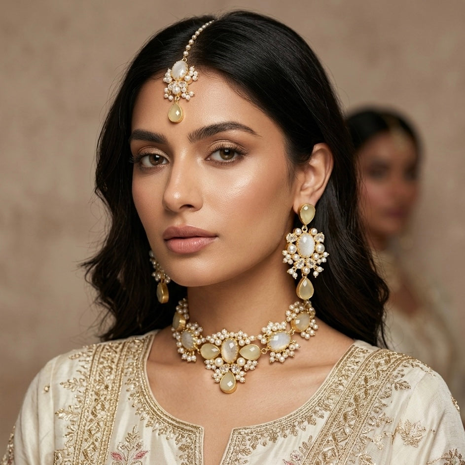 Rahma Grey Crystal Necklace Set - Ahseya & Co