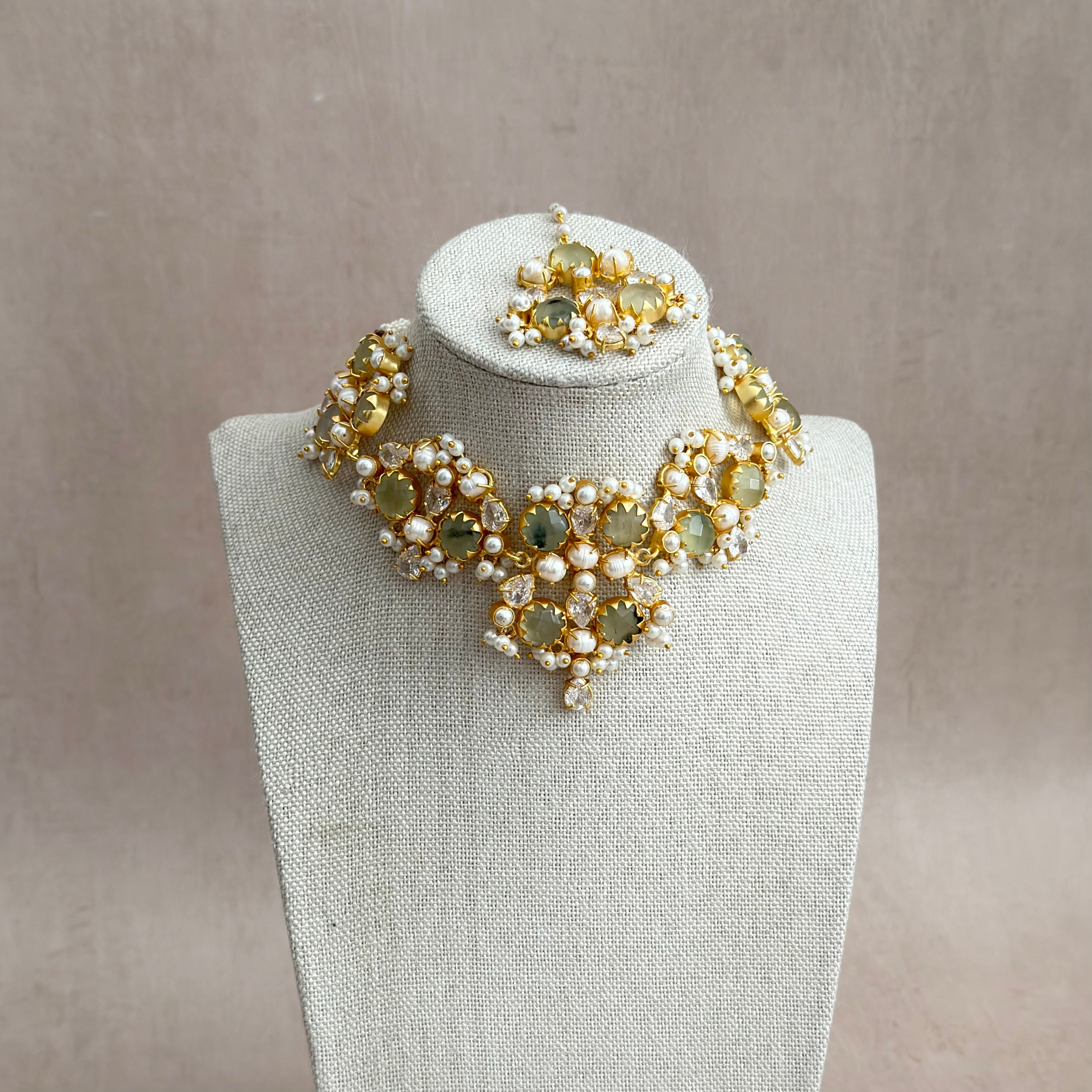 Aaliyah Olive Crystal Choker Set - Ahseya & Co