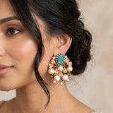 Lotus Teal  Pearl Stud Earrings