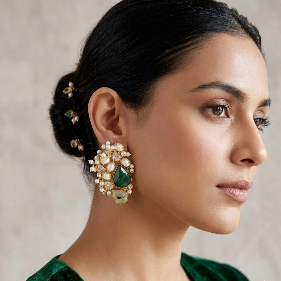 Shahira Green Pearl Crystal Stud Earrings - Ahseya & Co