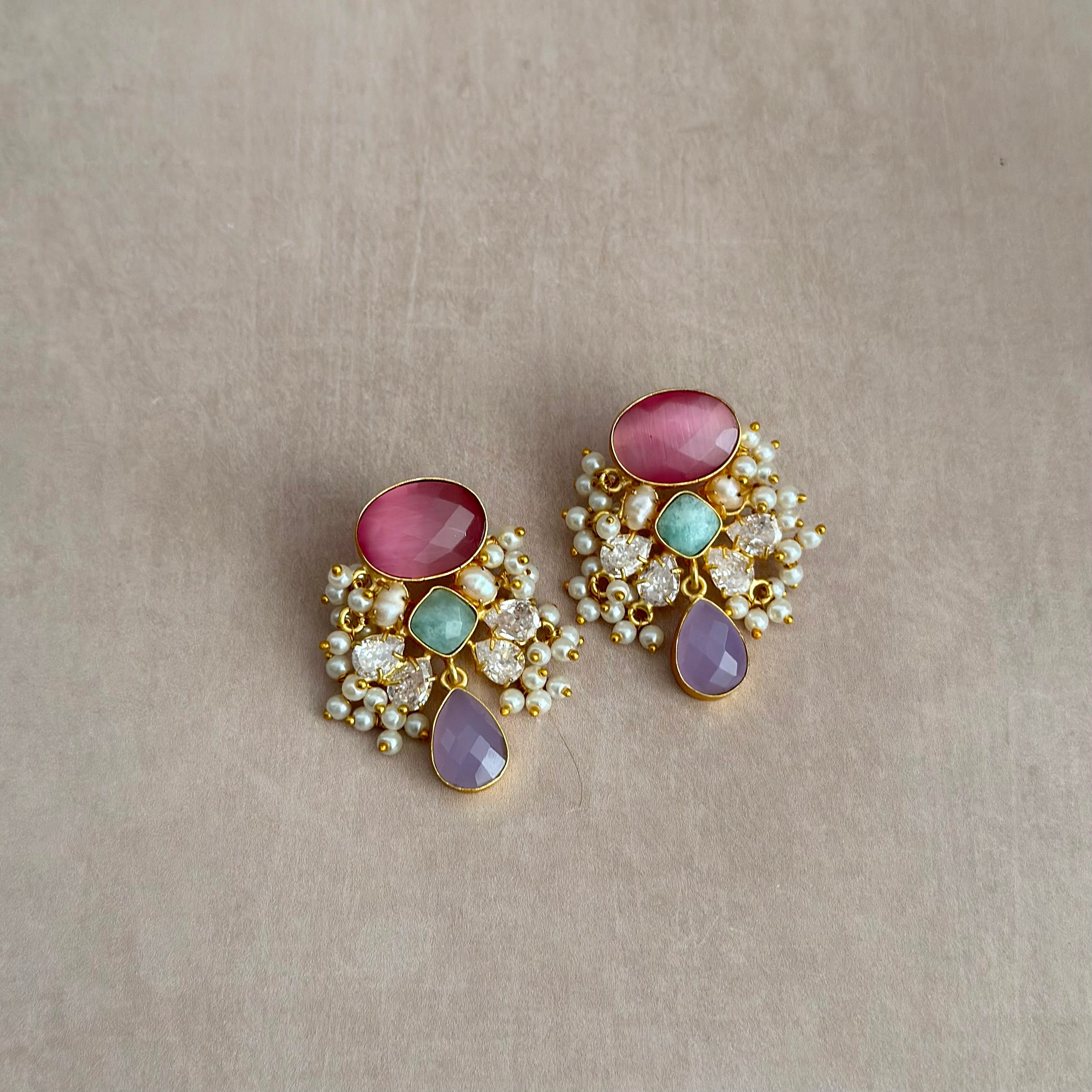 Nazeera Pink Crystal Drop Earrings - Ahseya & Co