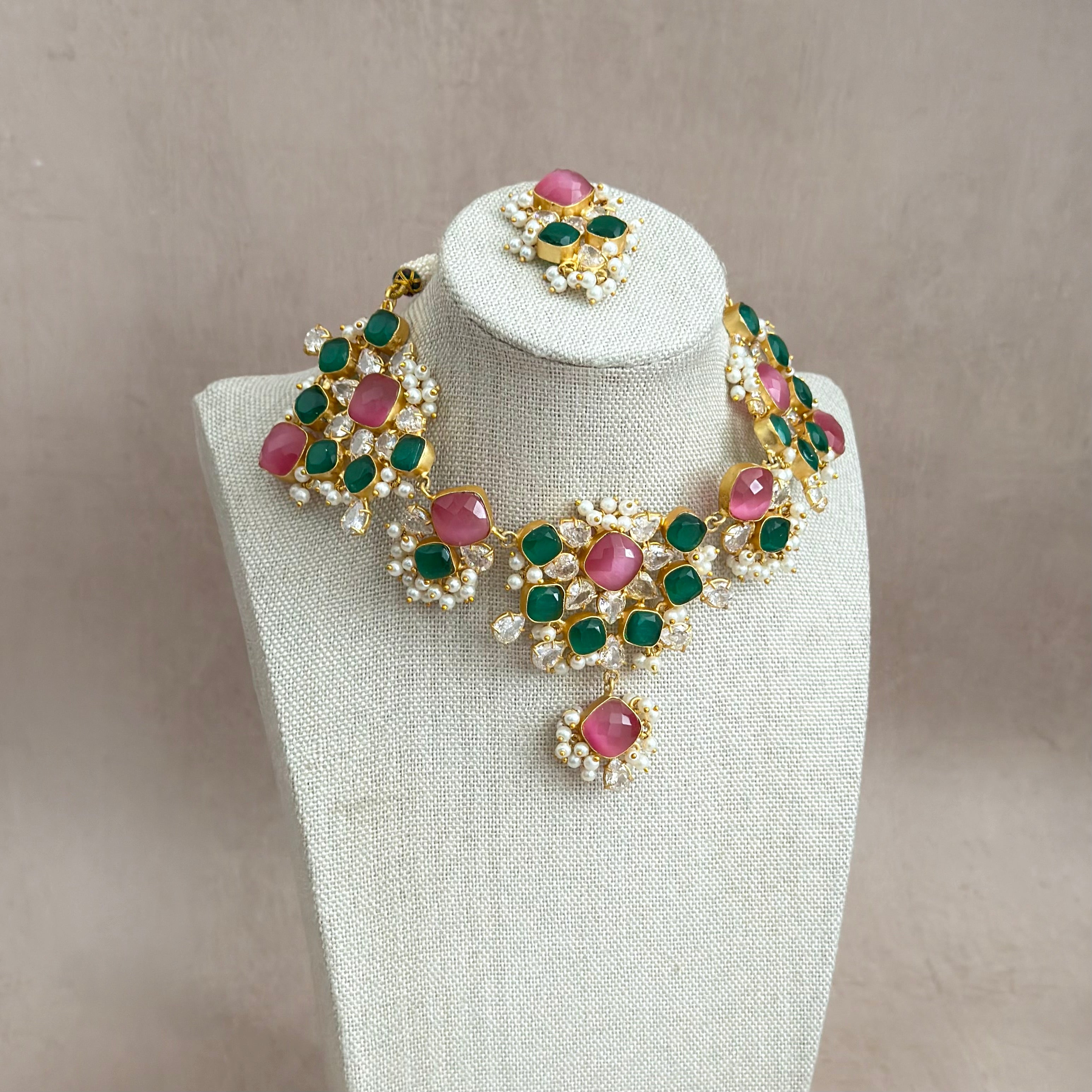 Eve Pink Green Crystal Necklace Set - Ahseya & Co