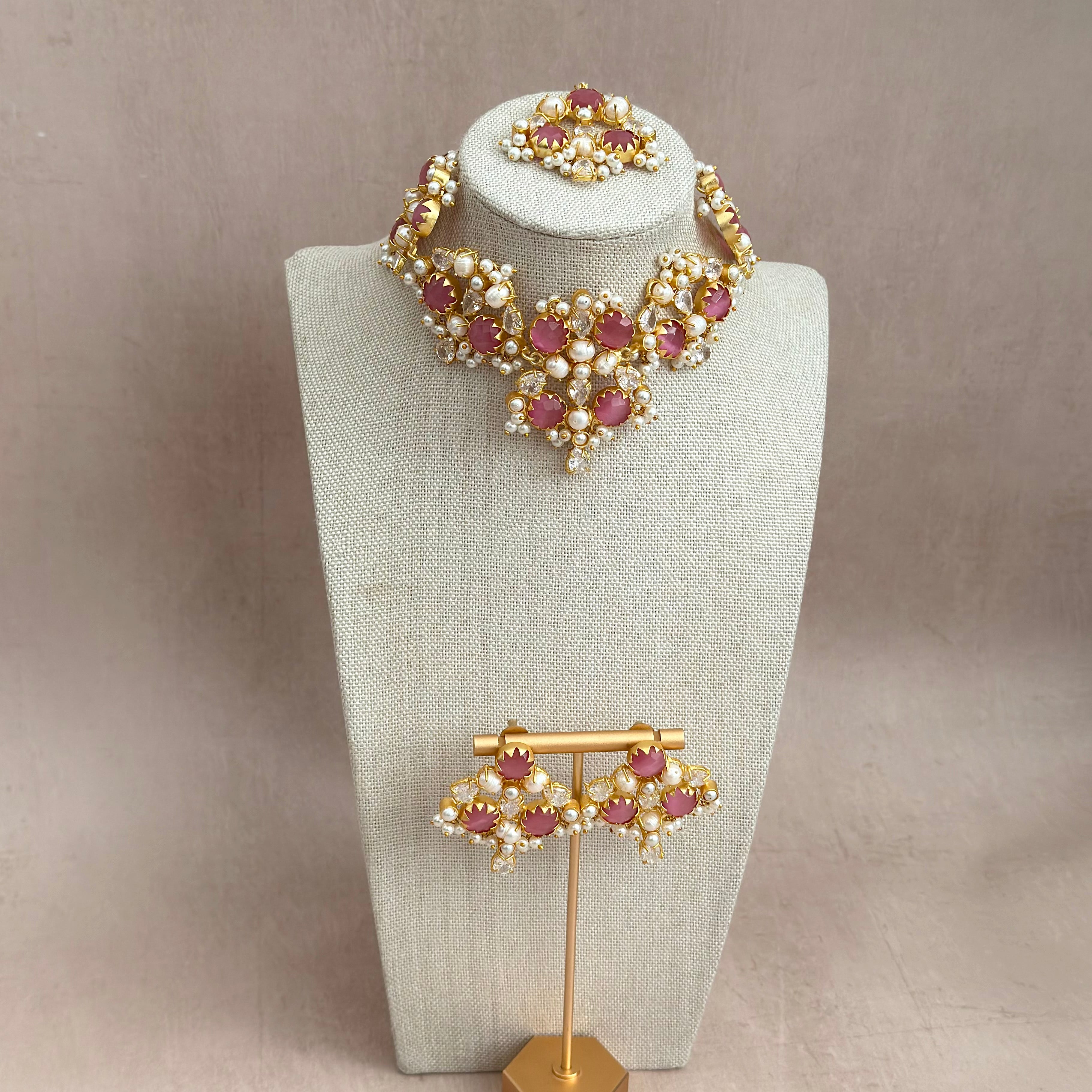 Aaliyah Pink Crystal Choker Set - Ahseya & Co