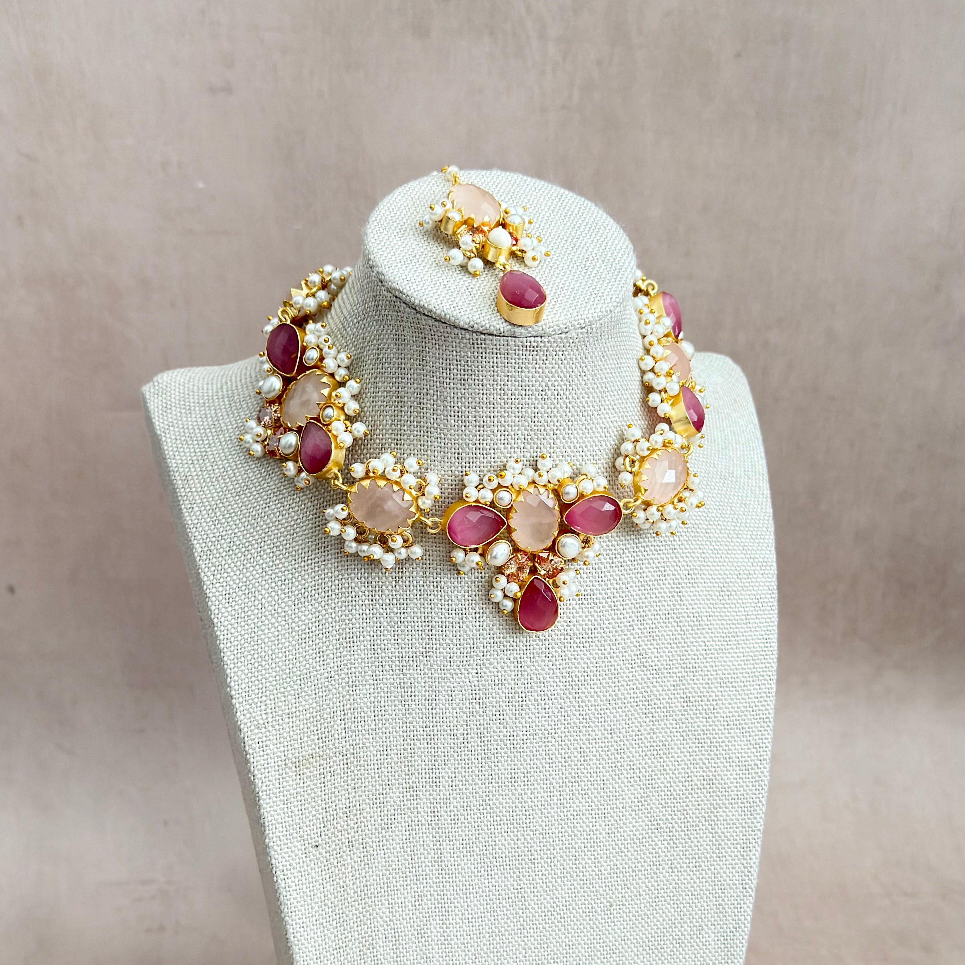 Rahma Pink Crystal Necklace Set - Ahseya & Co