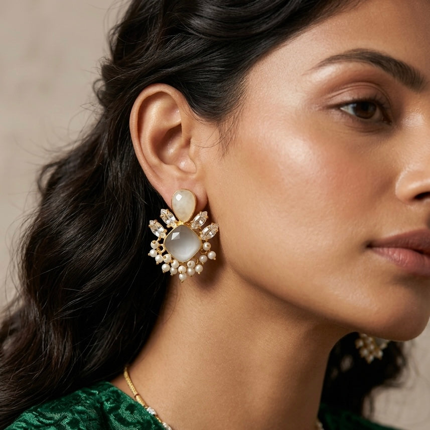 Rania Grey Crystal Stud Earrings - Ahseya & Co