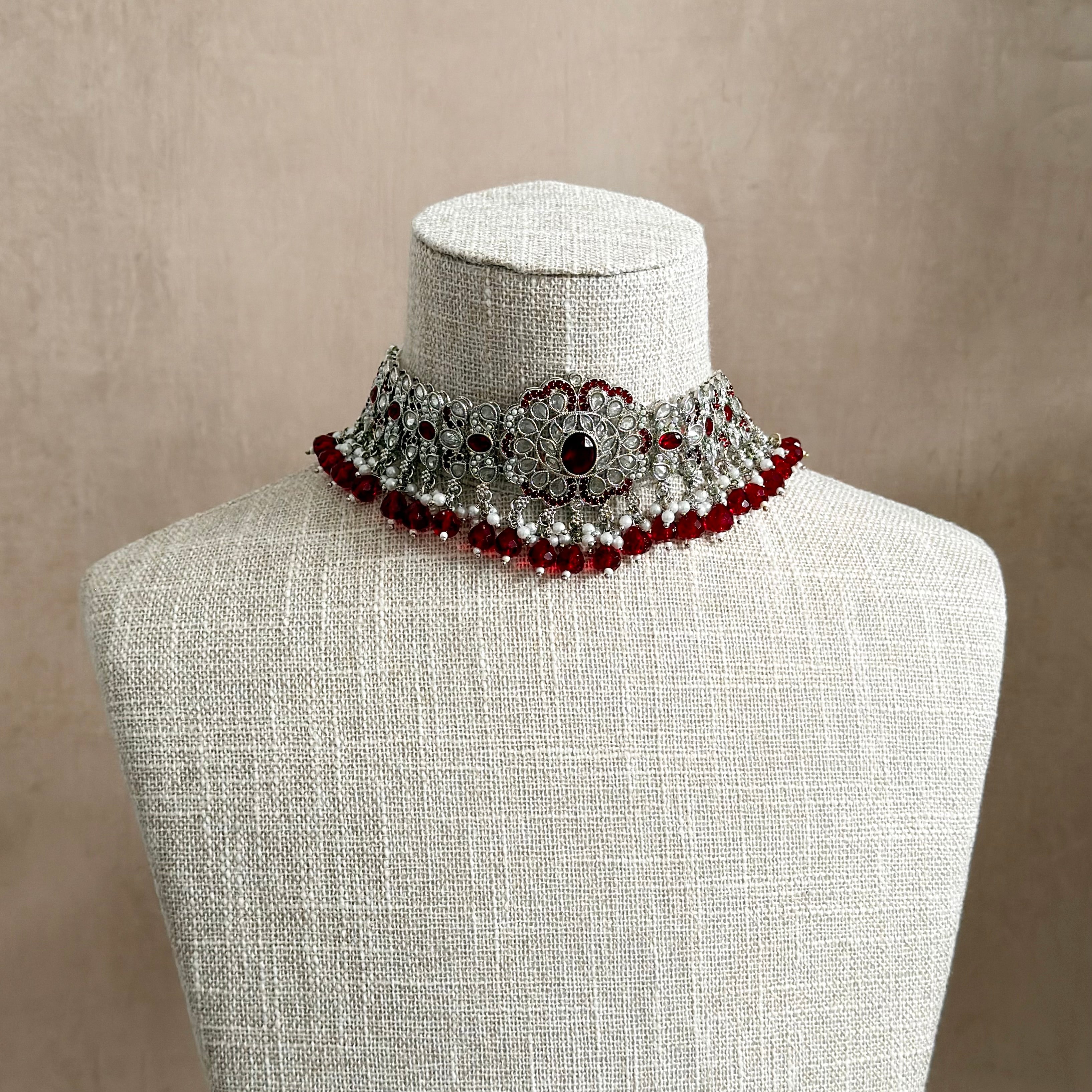 Zareefa Silver Ruby Choker Set - Ahseya & Co