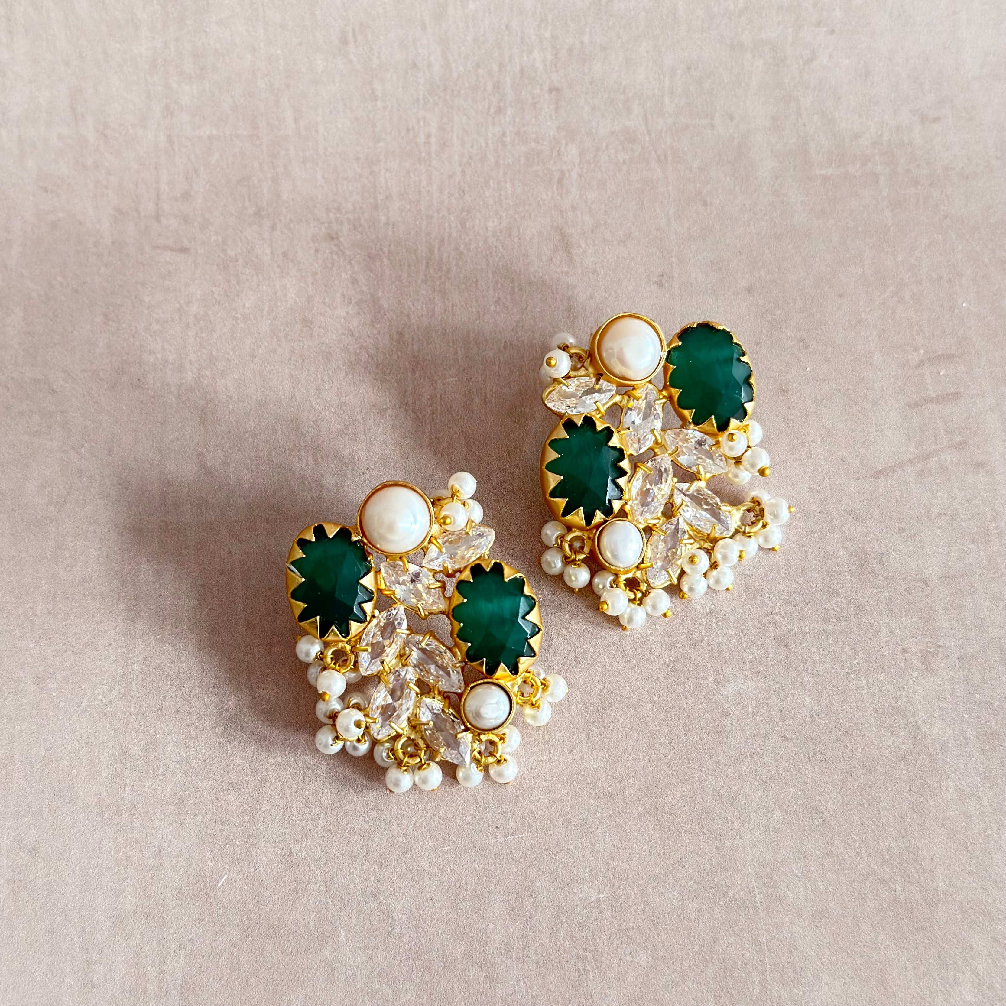 Roxy Emerald Pearl Crystal Stud Earrings - Ahseya & Co