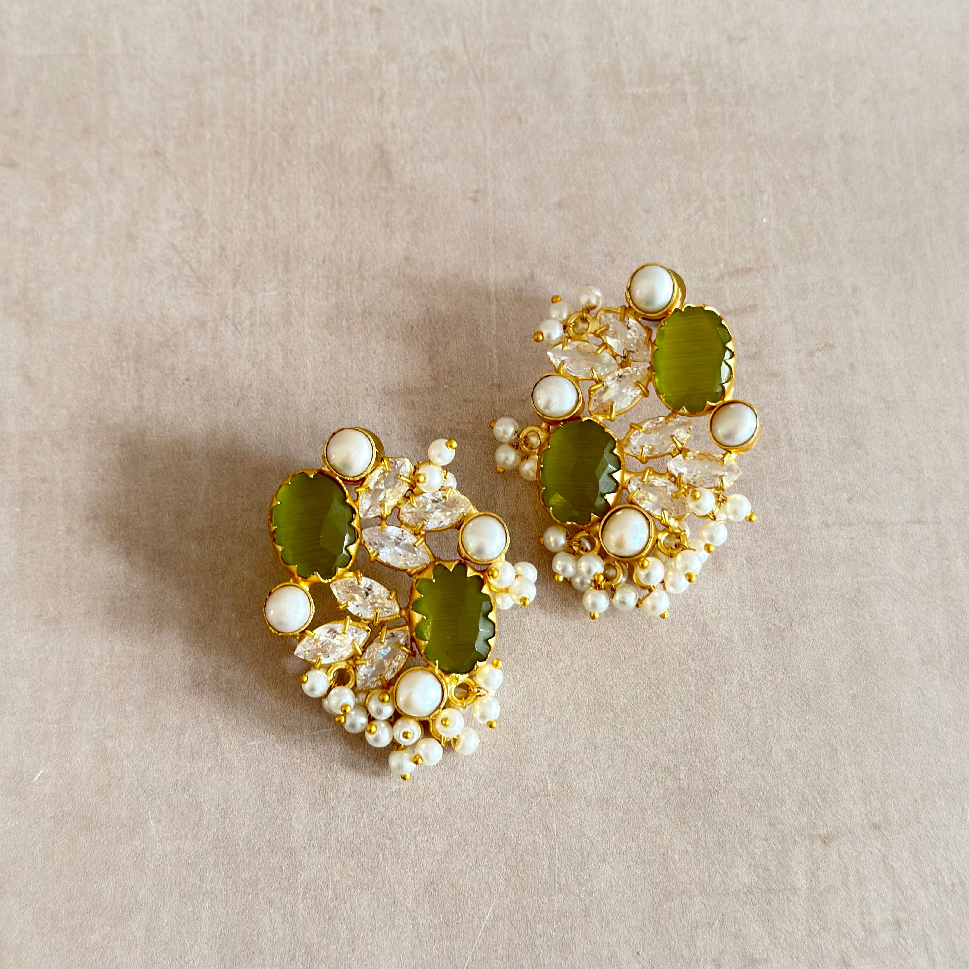 Roxy Olive Pearl Crystal Stud Earrings - Ahseya & Co