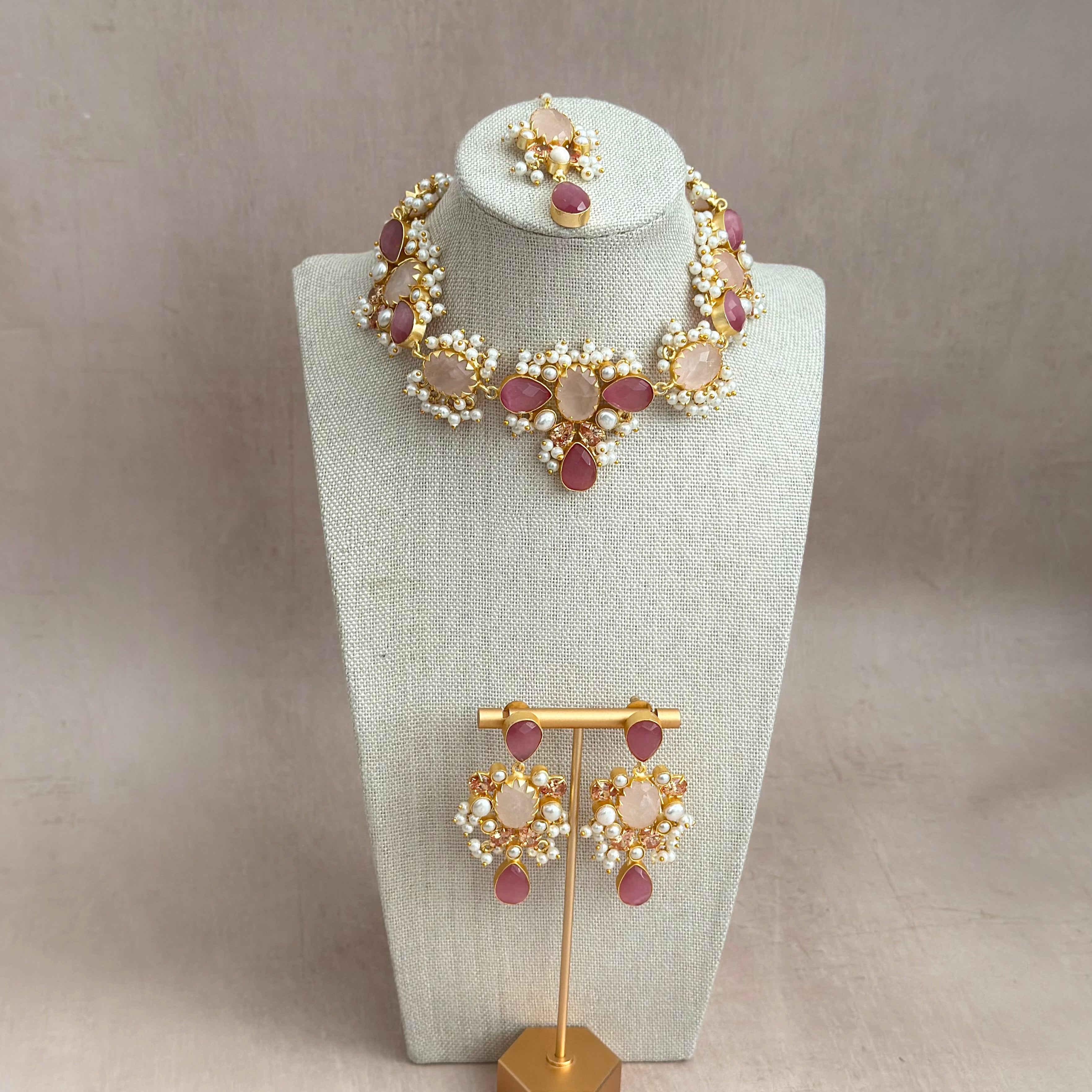 Rahma Pink Crystal Necklace Set - Ahseya & Co