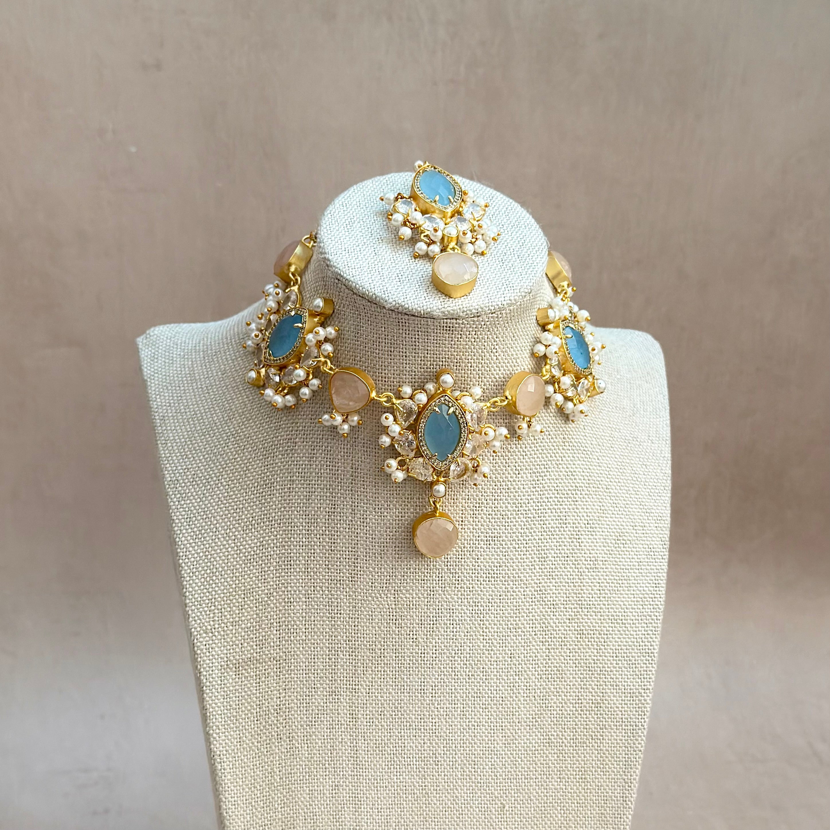 Rania Blue Crystal Necklace Set - Ahseya & Co