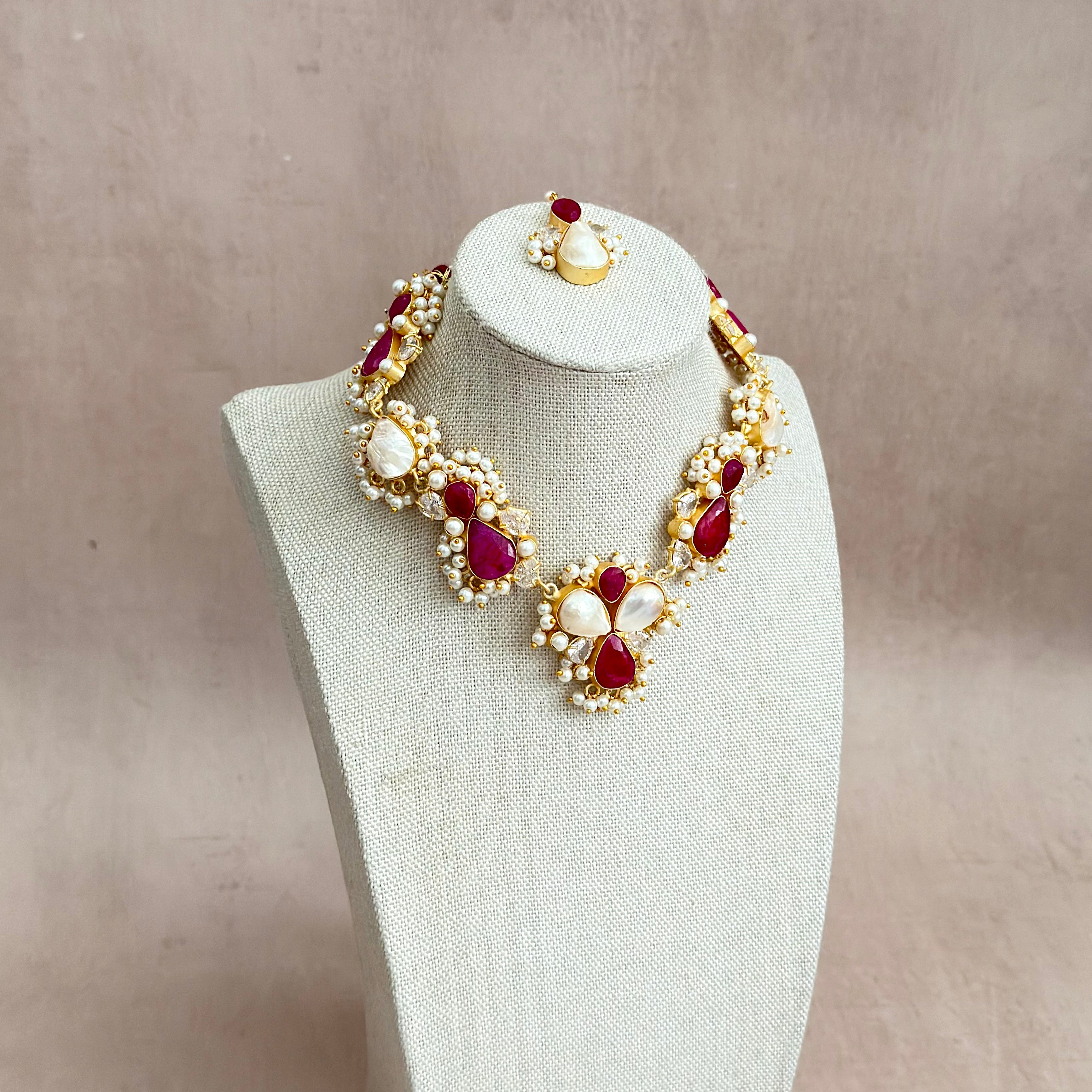 Berta Fuchsia pearl Necklace Set - Ahseya & Co