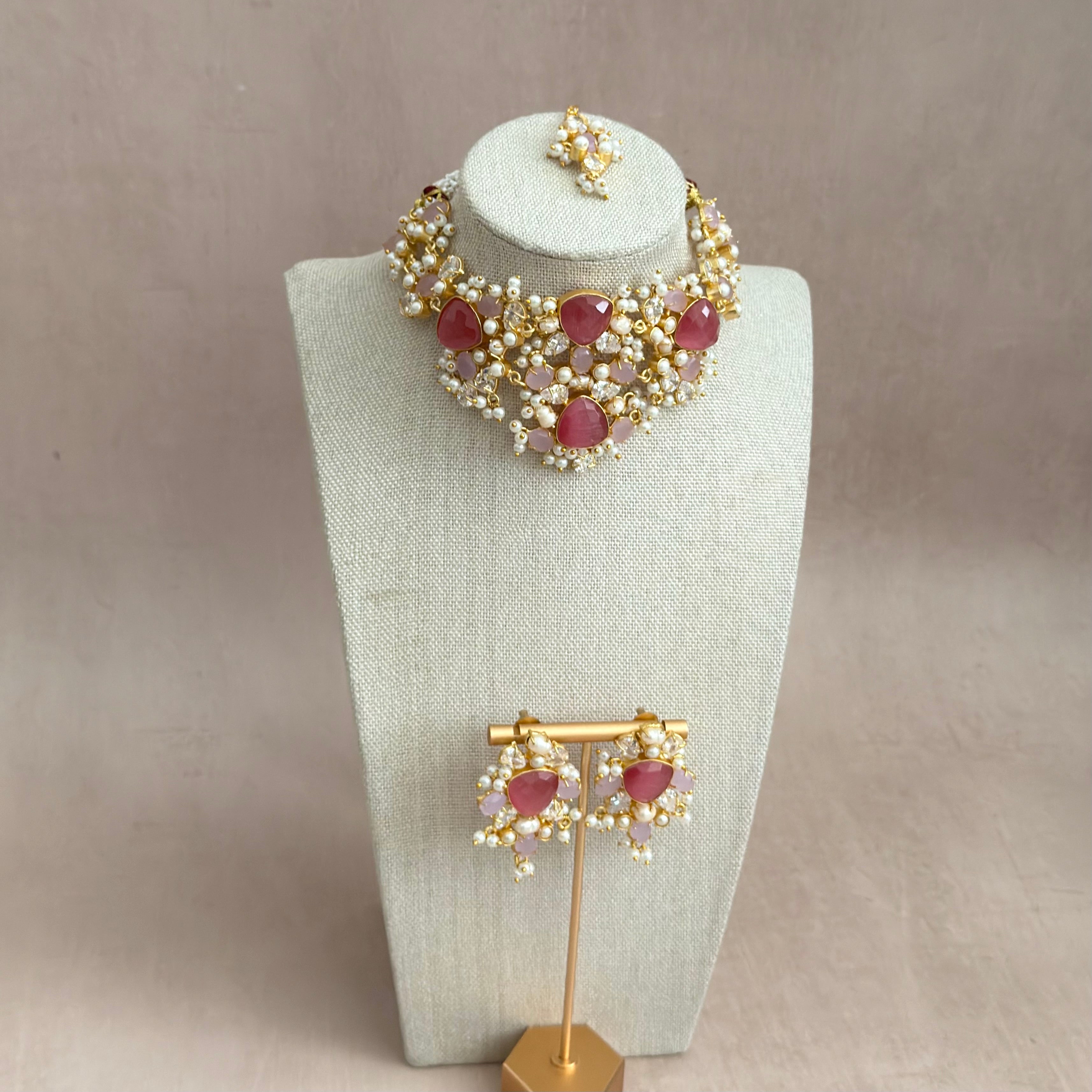 Qamara Pink Crystal Choker Set - Ahseya & Co