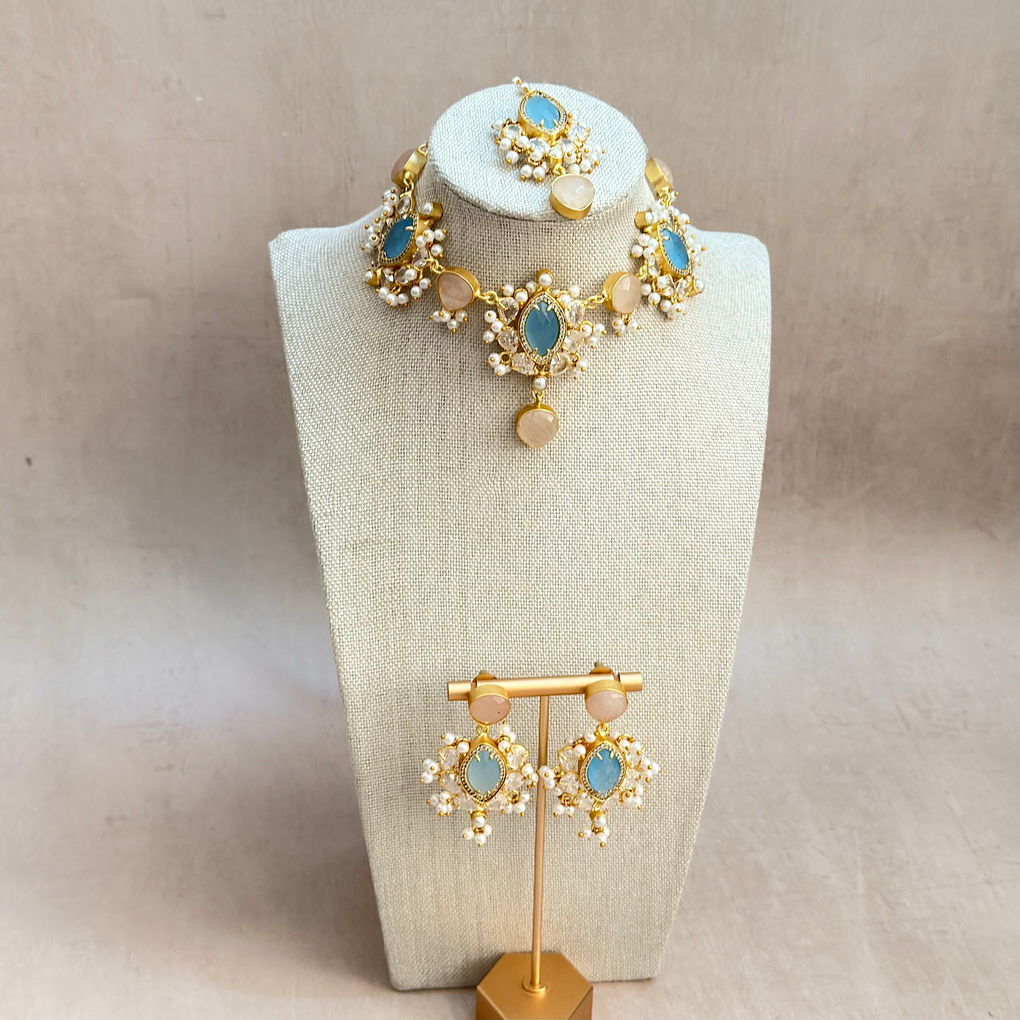 Rania Blue Crystal Necklace Set - Ahseya & Co