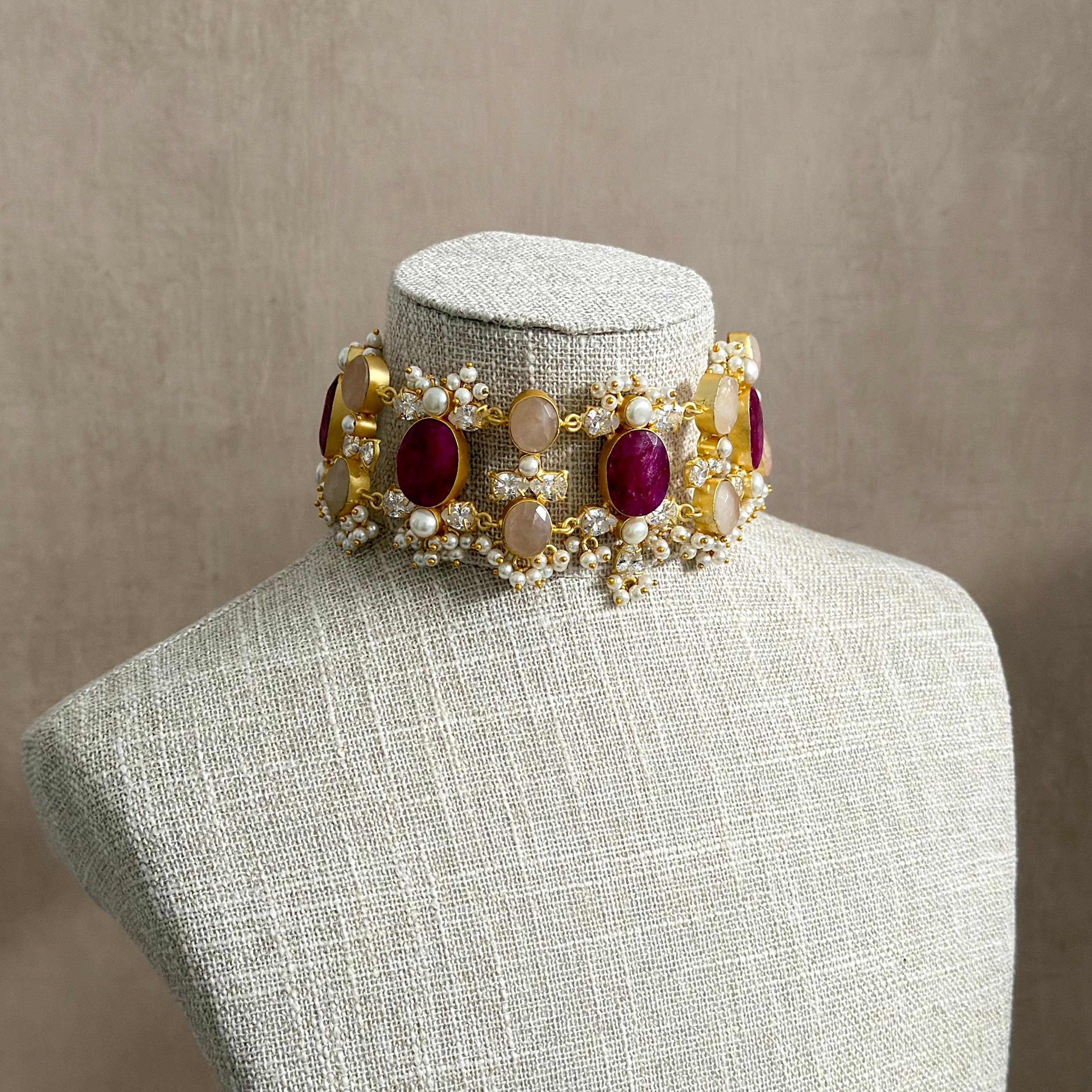 Anna Fuchsia Pink Pearl Choker Set - Ahseya & Co