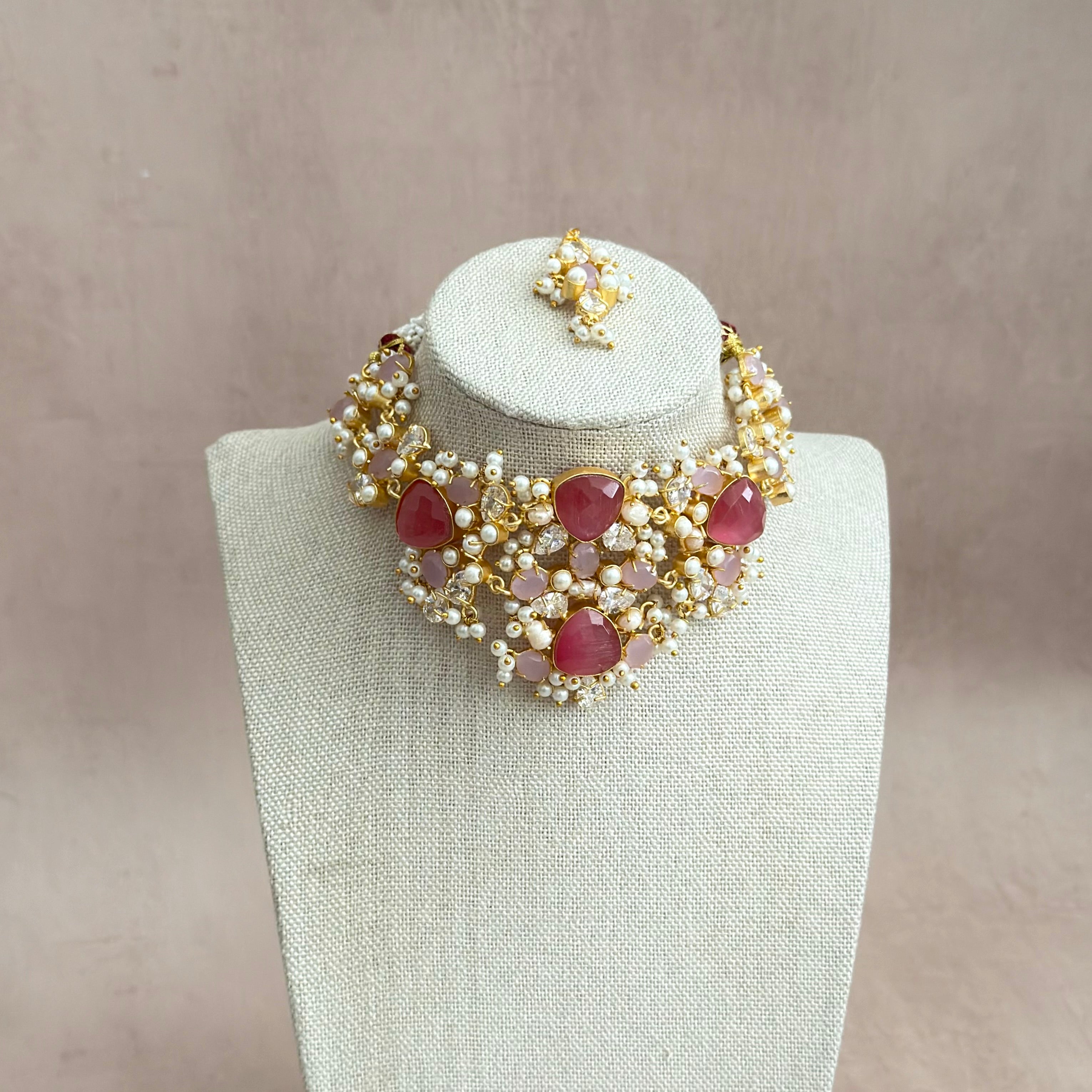 Qamara Pink Crystal Choker Set - Ahseya & Co