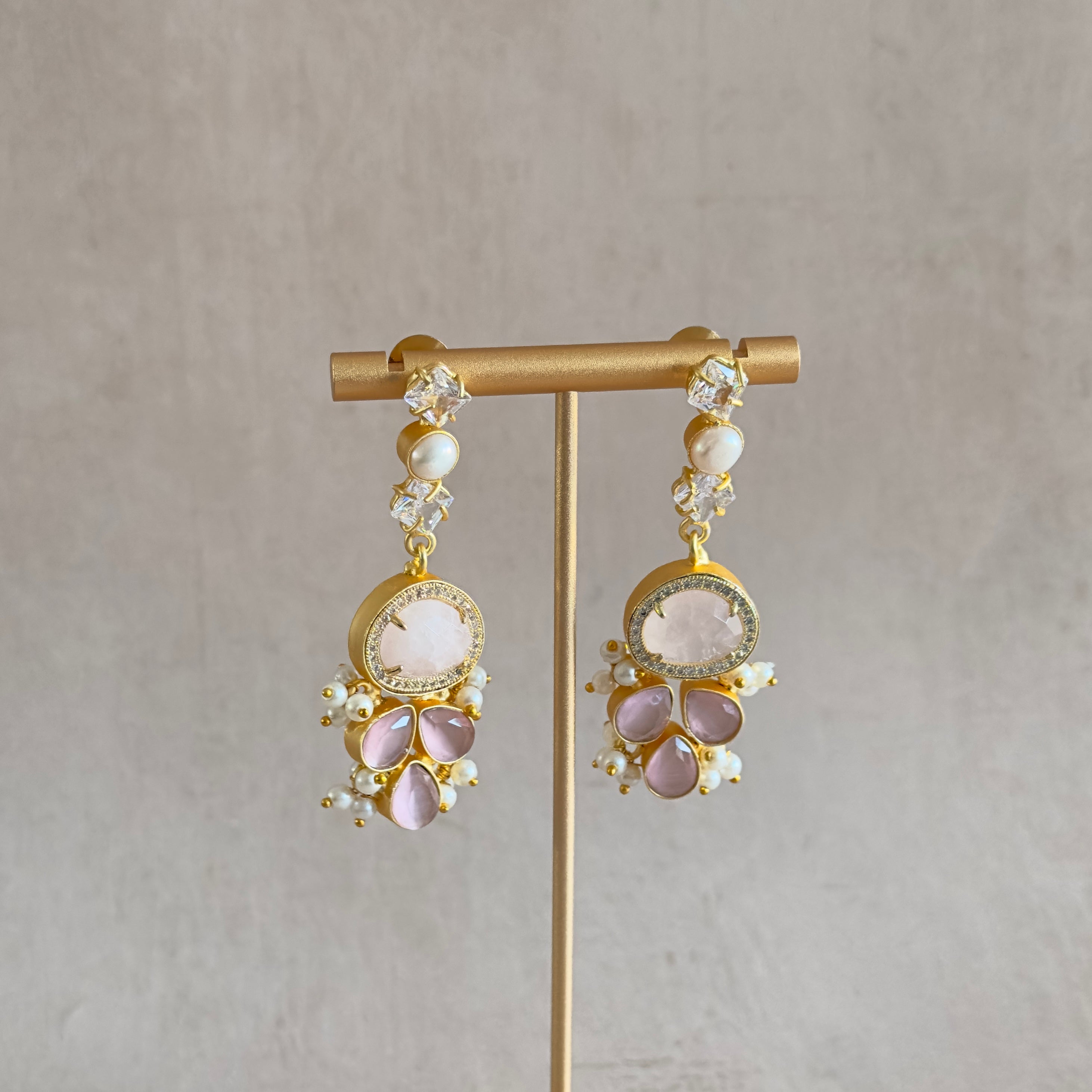 Gleam Pink Crystal Pearl Drop Earrings - Ahseya & Co