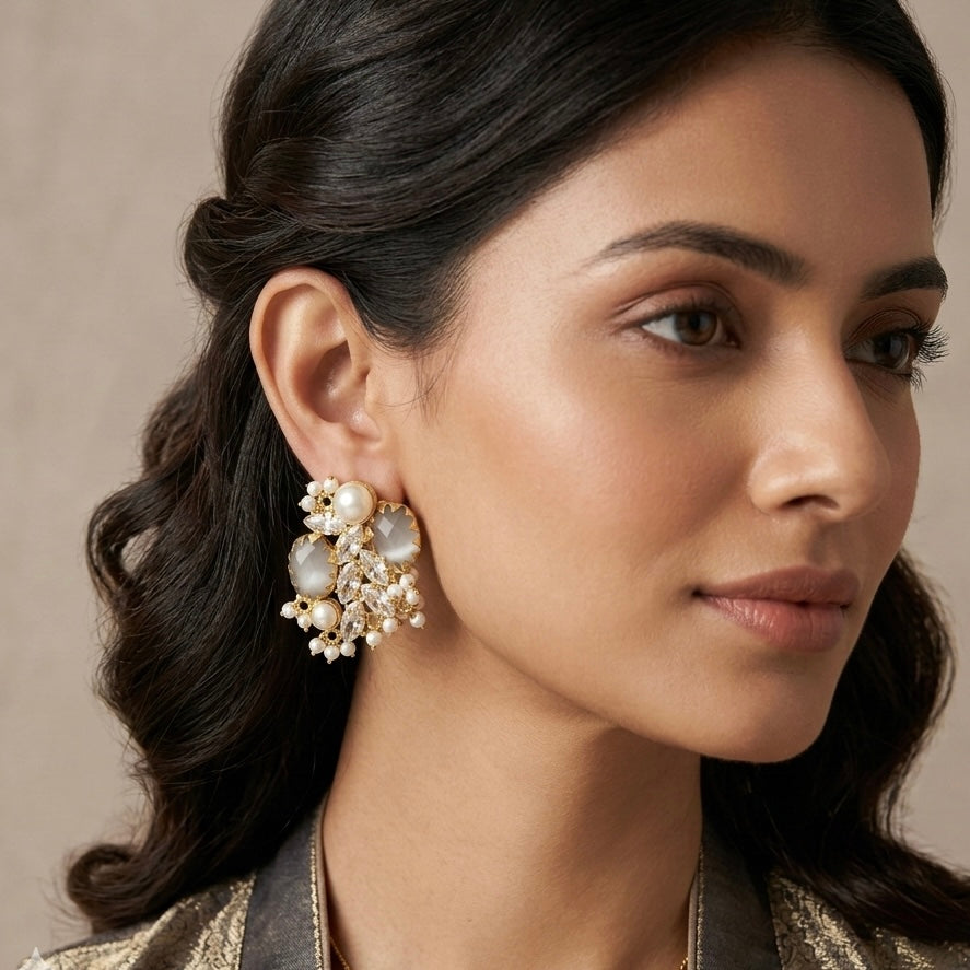 Roxy Grey Pearl Crystal Stud Earrings - Ahseya & Co