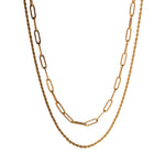 This stunning double layered necklace is inspired by the classic paperclip design. Expertly crafted with 18k gold plating, this necklace adds a touch of elegance to any outfit. With an adjustable length, it is versatile and perfect for every occasion. Elevate your style with this unique and trending piece. Necklace Drop:  43cm open length.