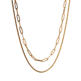 This stunning double layered necklace is inspired by the classic paperclip design. Expertly crafted with 18k gold plating, this necklace adds a touch of elegance to any outfit. With an adjustable length, it is versatile and perfect for every occasion. Elevate your style with this unique and trending piece. Necklace Drop:  43cm open length.