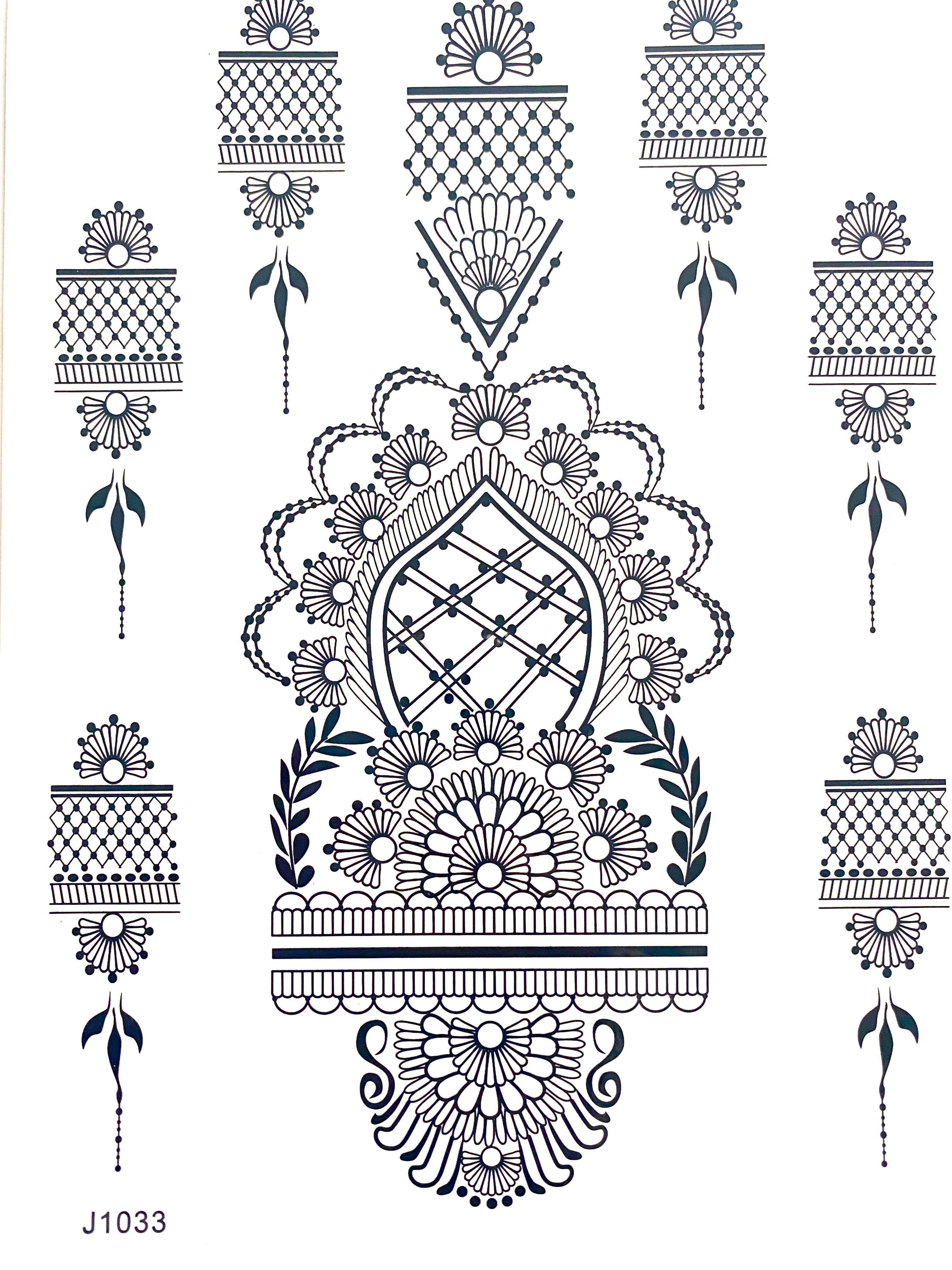 Sophia Henna tattoos offer a unique way to experience the traditional art of henna without the commitment of a permanent tattoo. Experience the beauty of intricate design. Perfect for weddings, parties, festivals & more.  Details: Black Design is for 1 hand.  Please carry out a patch test on a small area & wait 24hrs before full use.