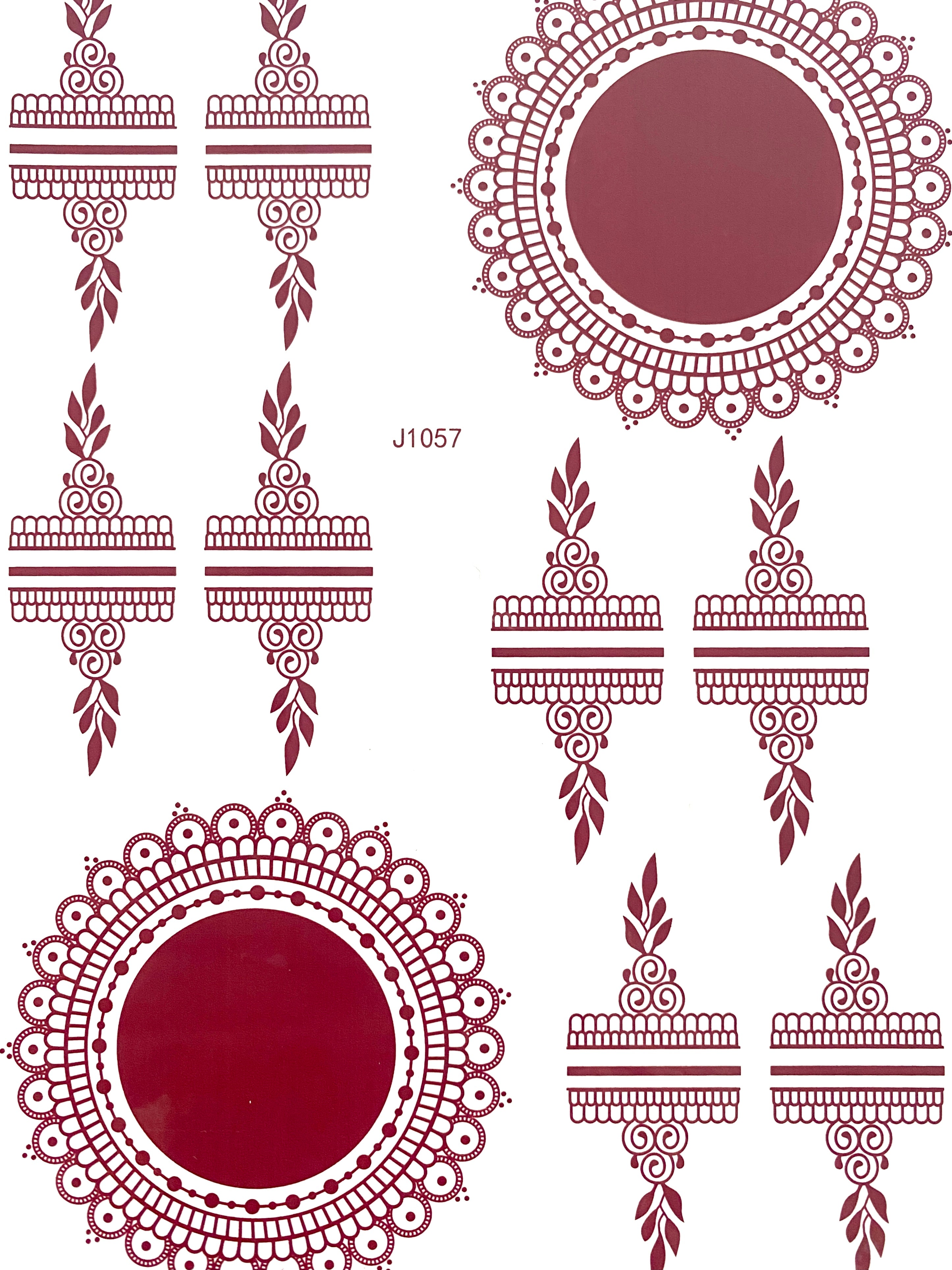 Jasmin Henna Tattoo offers an easy and traditional henna-transfer application. Featuring a deep red hue, it offers a unique, intricate, traditional design. Perfect for weddings, parties, festivals & more.  Details: Deep Red  Design is for both hands 